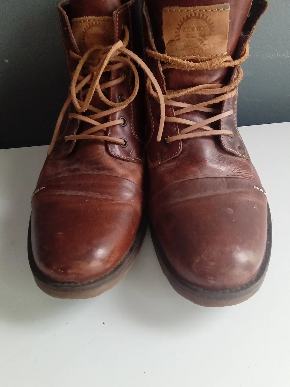 Authentic Brown Leather Lace Up Cap Toe Boots Mens Size 44‎